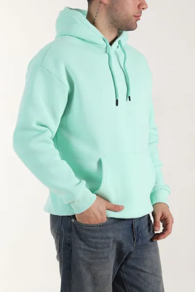 Su Yeşili Oversize Üç İp Şardonlu Erkek Basic Kapüşonlu Sweatshirt 321558