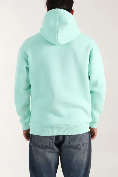 Su Yeşili Oversize Üç İp Şardonlu Erkek Basic Kapüşonlu Sweatshirt 321558