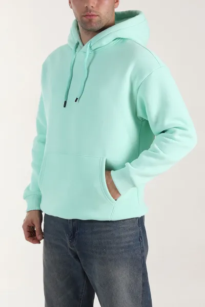 Su Yeşili Oversize Üç İp Şardonlu Erkek Basic Kapüşonlu Sweatshirt 321558