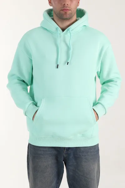 Su Yeşili Oversize Üç İp Şardonlu Erkek Basic Kapüşonlu Sweatshirt 321558
