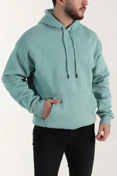 Su Yeşili Oversize Üç İp Şardonlu Erkek Basic Kapüşonlu Sweatshirt 398910