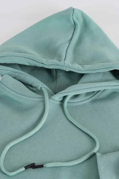 Su Yeşili Oversize Üç İp Şardonlu Erkek Basic Kapüşonlu Sweatshirt 398910