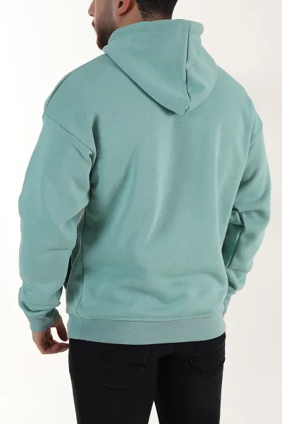 Su Yeşili Oversize Üç İp Şardonlu Erkek Basic Kapüşonlu Sweatshirt 398910