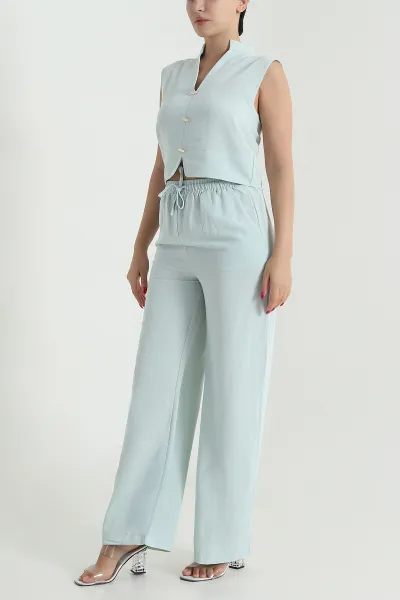 Su Yeşili Pantolon Bluz Keten Kadın İkili Takım 479513