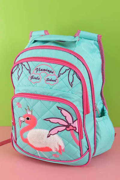 Su Yeşili Peluş Flamingo Kabartma Desenli Beslenme Çantalı İkili Sırt Çantası Seti 288995