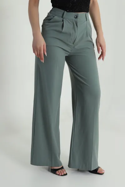 Su Yeşili Pileli Cepli Double Kadın Pantolon 486956