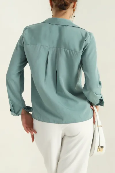 Su Yeşili Poplin Kumaş Kadın Crop Gömlek 355800