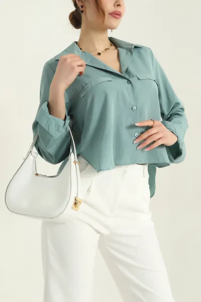 Su Yeşili Poplin Kumaş Kadın Crop Gömlek 355800