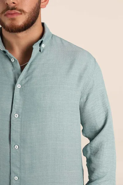 Su Yeşili Regular Fit Ata Yaka Uzun Kollu Erkek Gömlek 369873