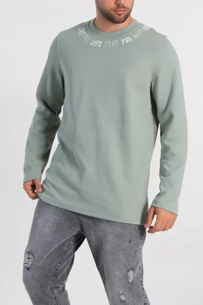 Su Yeşili Regular Fit Baskı Detaylı Erkek Sweatshirt 305843