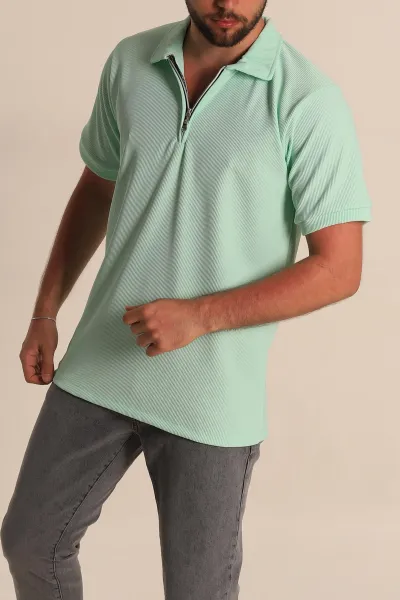 Su Yeşili Regular Fit Çizgi Dokulu Fermuarlı Polo Yaka Erkek Tişört 277167