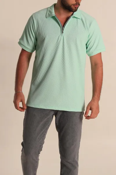 Su Yeşili Regular Fit Çizgi Dokulu Fermuarlı Polo Yaka Erkek Tişört 277167