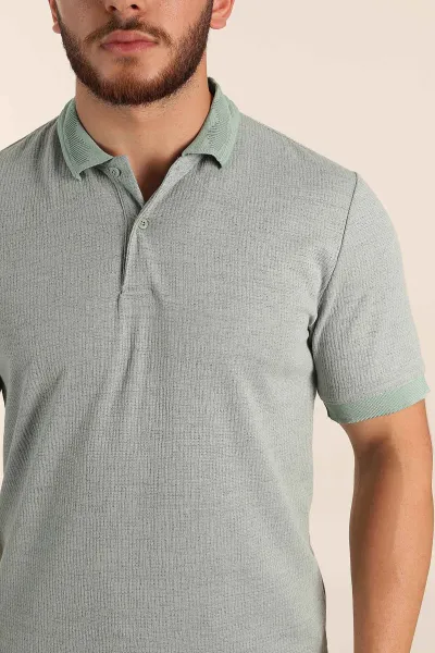 Su Yeşili Regular Fit Dokulu Düğmeli Polo Yaka Erkek Triko Tişört 370070