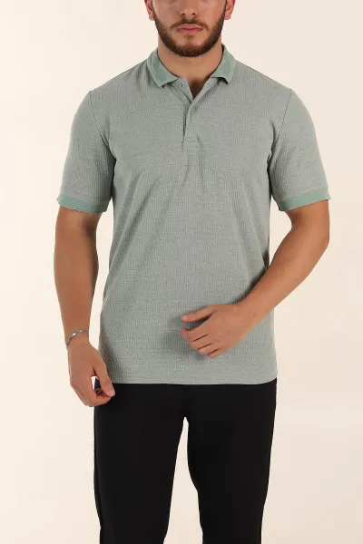 Su Yeşili Regular Fit Dokulu Düğmeli Polo Yaka Erkek Triko Tişört 370070