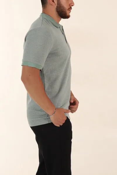 Su Yeşili Regular Fit Dokulu Düğmeli Polo Yaka Erkek Triko Tişört 370070