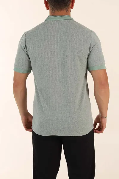 Su Yeşili Regular Fit Dokulu Düğmeli Polo Yaka Erkek Triko Tişört 370070