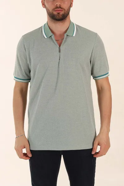 Su Yeşili Regular Fit Dokulu Fermuarlı Polo Yaka Erkek Triko Tişört 370058