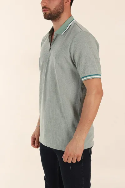 Su Yeşili Regular Fit Dokulu Fermuarlı Polo Yaka Erkek Triko Tişört 370058