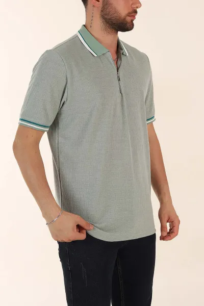 Su Yeşili Regular Fit Dokulu Fermuarlı Polo Yaka Erkek Triko Tişört 370058