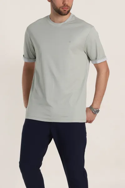 Su Yeşili Regular Fit Duble Kol Detaylı Basic Erkek Tişört 346186