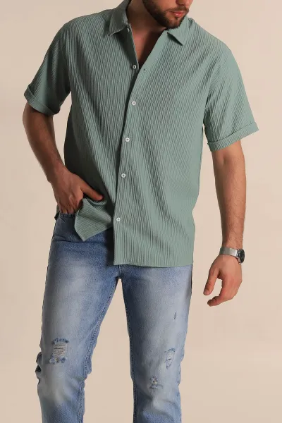 Su Yeşili Regular Fit Fitilli Doku Kısa Kollu Erkek Gömlek 275493