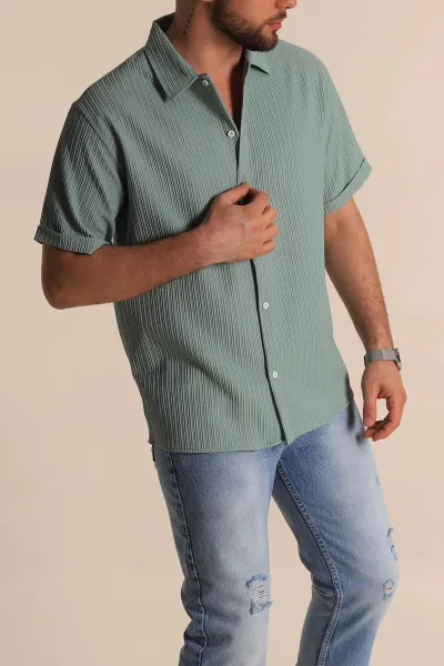 Su Yeşili Regular Fit Fitilli Doku Kısa Kollu Erkek Gömlek 275493