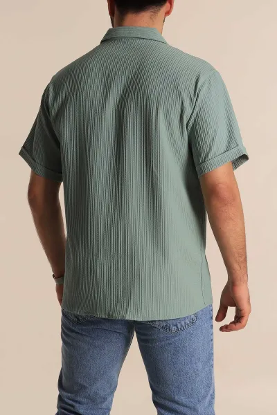Su Yeşili Regular Fit Fitilli Doku Kısa Kollu Erkek Gömlek 275493