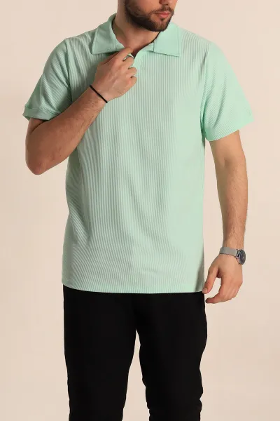 Su Yeşili Regular Fit Fitilli Doku Patlı Polo Yaka Erkek Tişört 270578