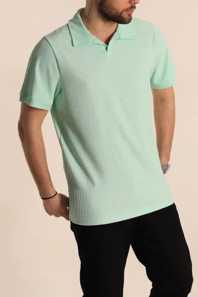 Su Yeşili Regular Fit Fitilli Doku Patlı Polo Yaka Erkek Tişört 270578