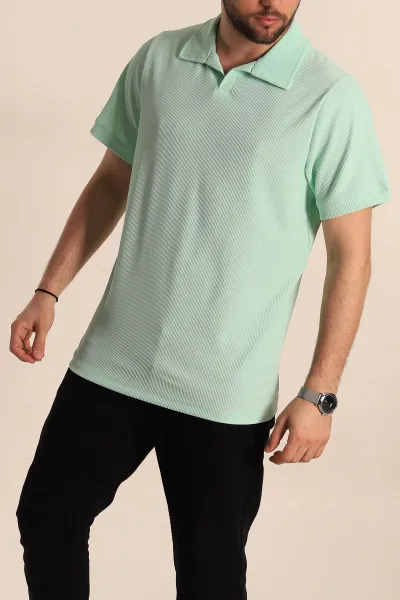 Su Yeşili Regular Fit Fitilli Doku Patlı Polo Yaka Erkek Tişört 270578