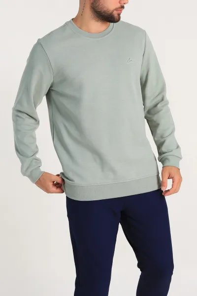 Su Yeşili Regular Fit İnterlok Kumaş Pike Doku Basic Erkek Sweatshirt 305431