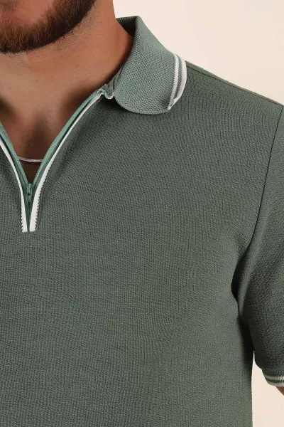 Su Yeşili Regular Fit Likralı Çizgili Polo Yaka Erkek Tişört 368733