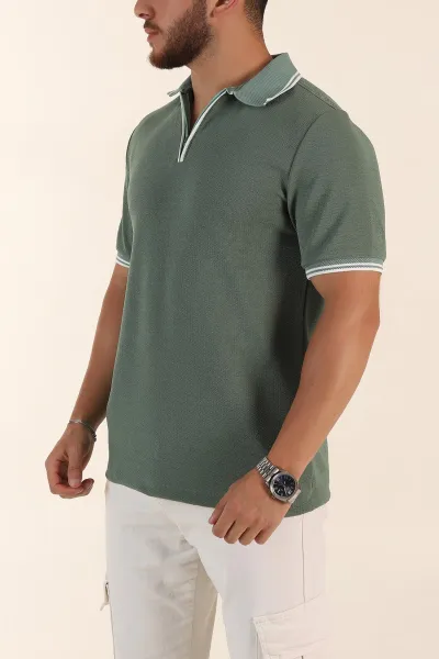 Su Yeşili Regular Fit Likralı Çizgili Polo Yaka Erkek Tişört 368733