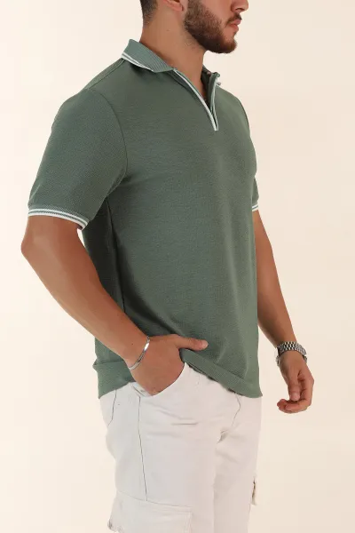 Su Yeşili Regular Fit Likralı Çizgili Polo Yaka Erkek Tişört 368733