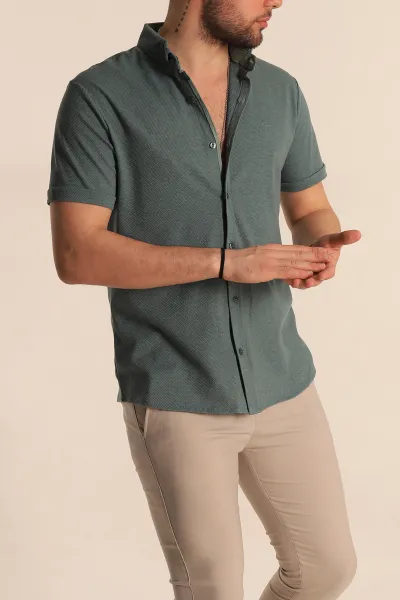 Su Yeşili Regular Fit Petek Dokulu Kısa Kollu Erkek Gömlek 263716