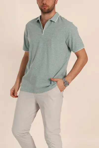 Su Yeşili Regular Fit Petek Dokulu Polo Yaka Erkek Tişört 349898