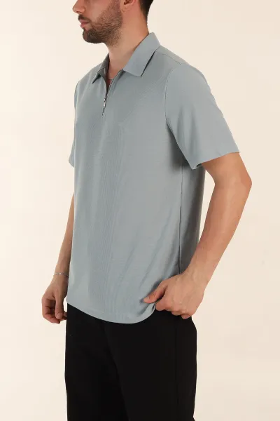 Su Yeşili Regular Fit Pike Dokulu Fermuarlı Polo Yaka Erkek Tişört 368530