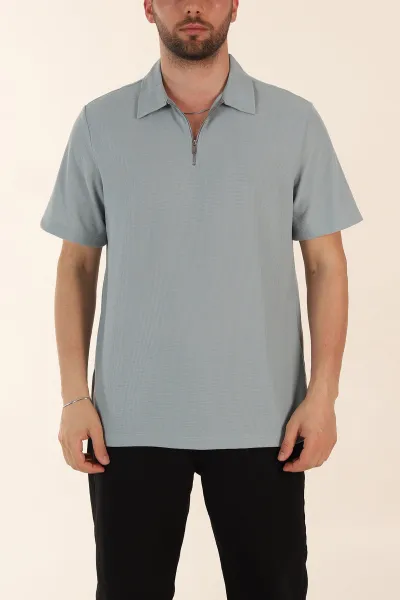 Su Yeşili Regular Fit Pike Dokulu Fermuarlı Polo Yaka Erkek Tişört 368530