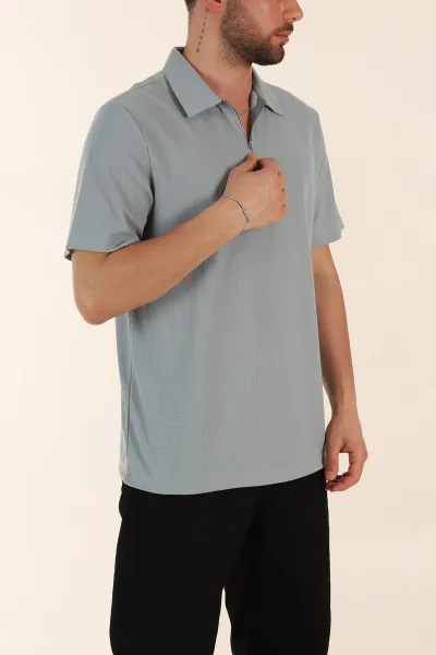 Su Yeşili Regular Fit Pike Dokulu Fermuarlı Polo Yaka Erkek Tişört 368530