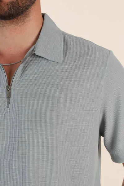 Su Yeşili Regular Fit Pike Dokulu Fermuarlı Polo Yaka Erkek Tişört 368530