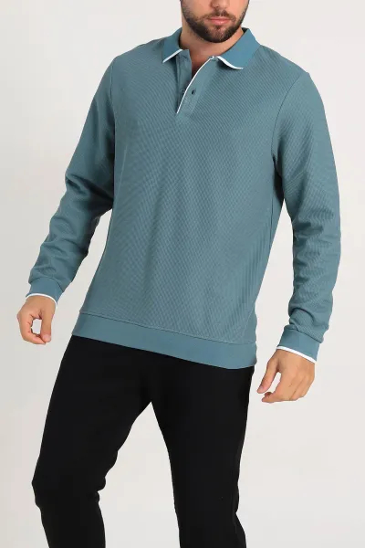 Su Yeşili Regular Fit Pike Dokulu Polo Yaka Sweatshirt 305446