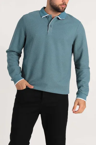 Su Yeşili Regular Fit Pike Dokulu Polo Yaka Sweatshirt 305446