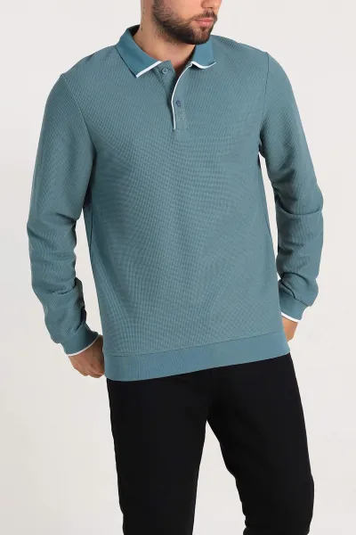 Su Yeşili Regular Fit Pike Dokulu Polo Yaka Sweatshirt 305446