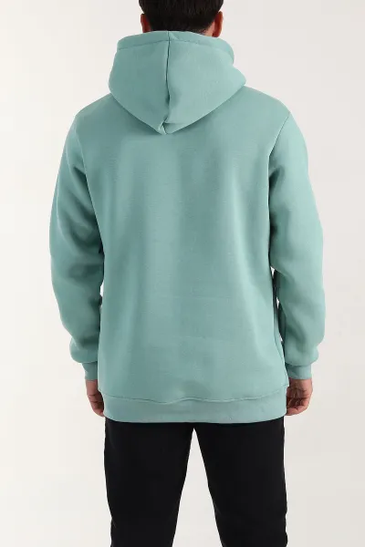Su Yeşili Regular Fit Üç İp Şardonlu Erkek Kapüşonlu Basic Sweatshirt 400533