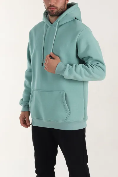 Su Yeşili Regular Fit Üç İp Şardonlu Erkek Kapüşonlu Basic Sweatshirt 400533
