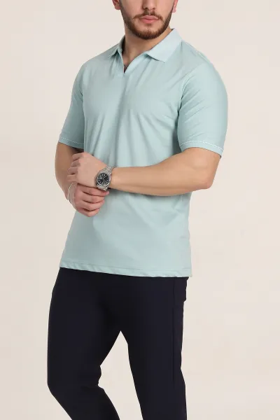 Su Yeşili Regular Fit V Patlı Polo Yaka Erkek Tişört 349809