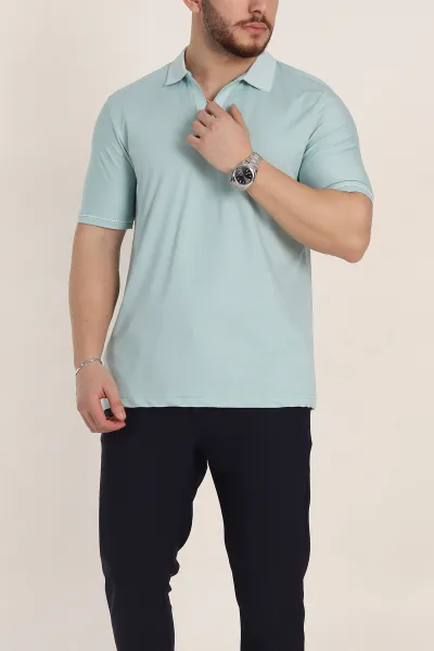 Su Yeşili Regular Fit V Patlı Polo Yaka Erkek Tişört 349809