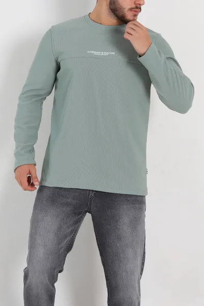 Su Yeşili Regular Fit Yazı Detay Erkek Sweatshirt 305882