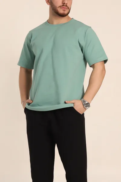 Su Yeşili Relaxed Fit Double Face Basic Erkek Tişört 348941
