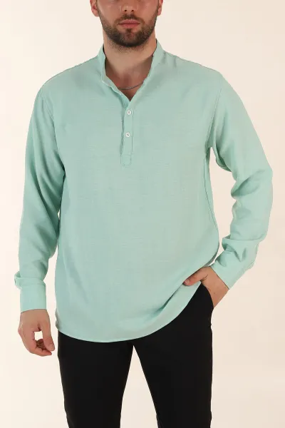 su-yesili-relaxed-fit-hakim-yaka-yarim-dugmeli-erkek-gomlek-369854